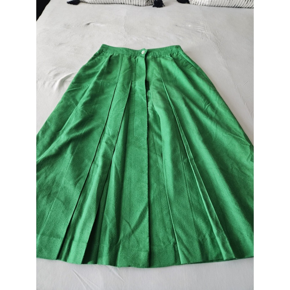 Vtg Liz Claiborne Kelly Green Pleated Hidden Button Silk Midi Skirt 12 - Picture 4 of 16